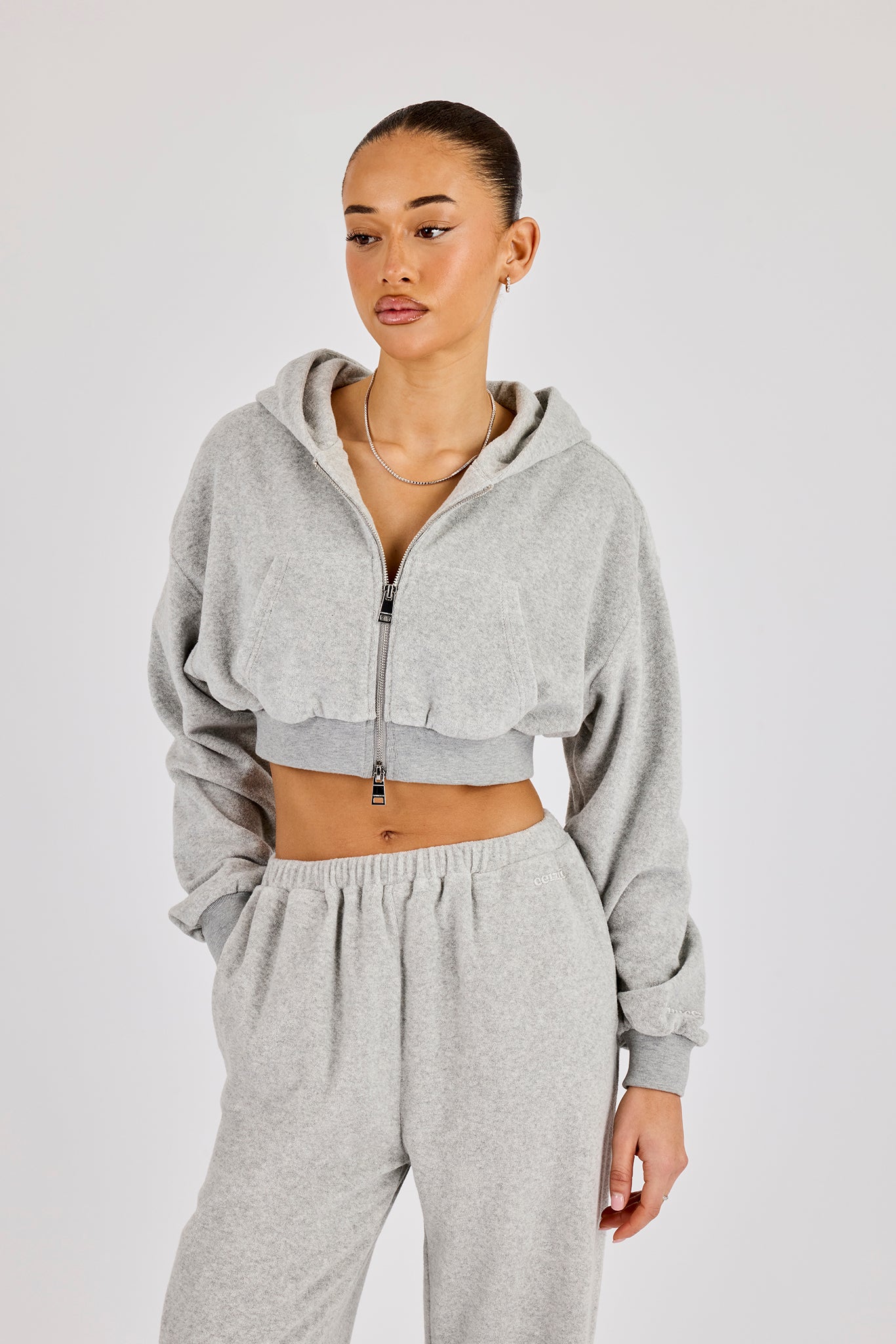 Towelling Cropped Zip Hoodie - Grey